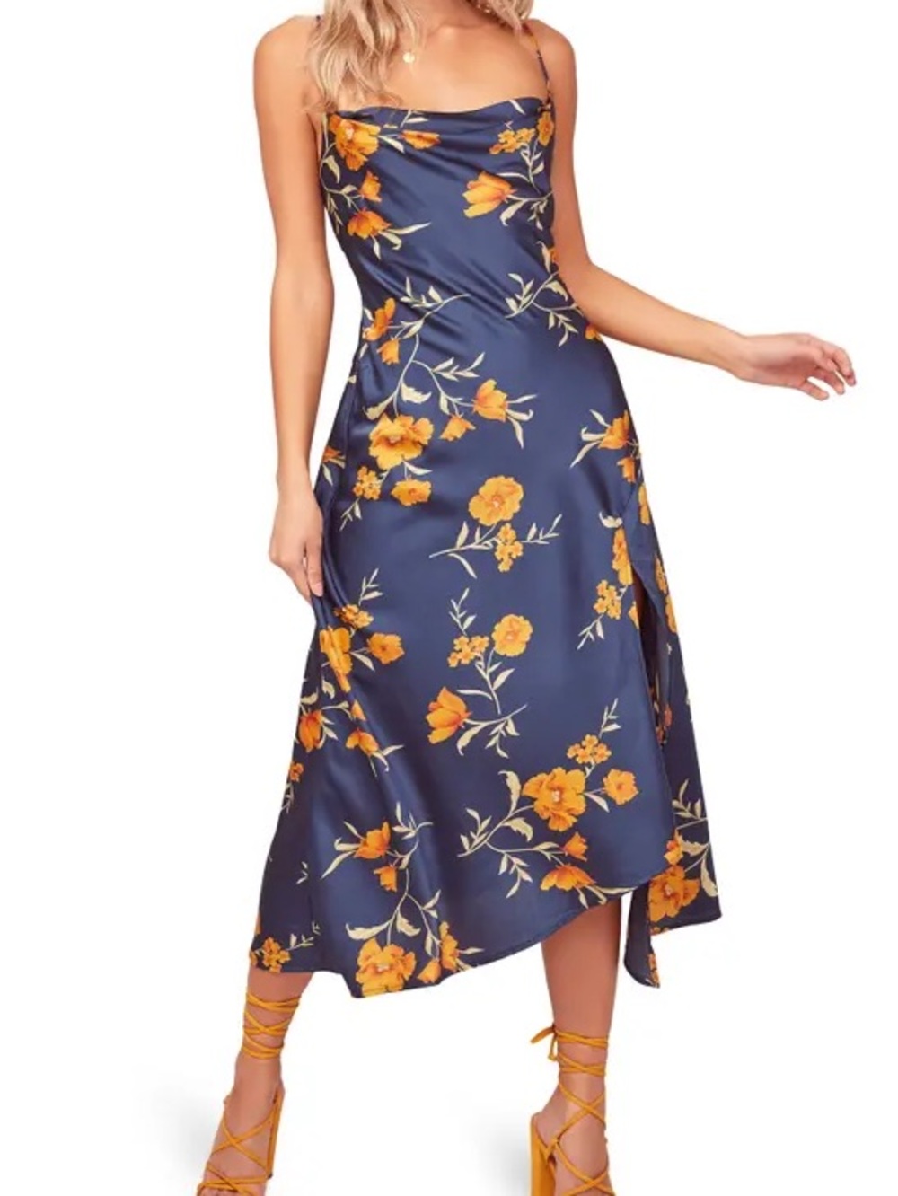 NWOT ASTR the Label Satin Bias Slip Dress - Navy with Orange Flowers